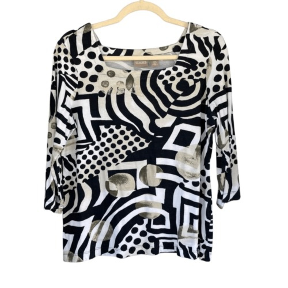 Chico's Abstract Print Top 3/4 Sleeve Geometric Pattern Blouse Size 1‎